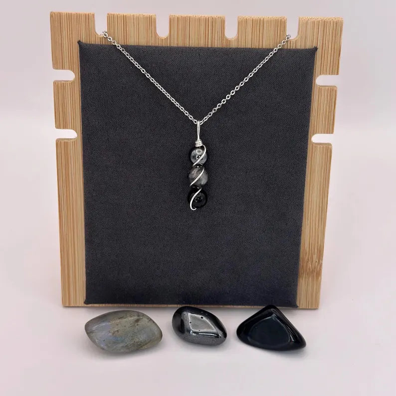 Triple Protection Necklace - Copper Wire Wrapped Pendant - Obsidian - Labradorite - Hematite - Crystal Healing Jewelry