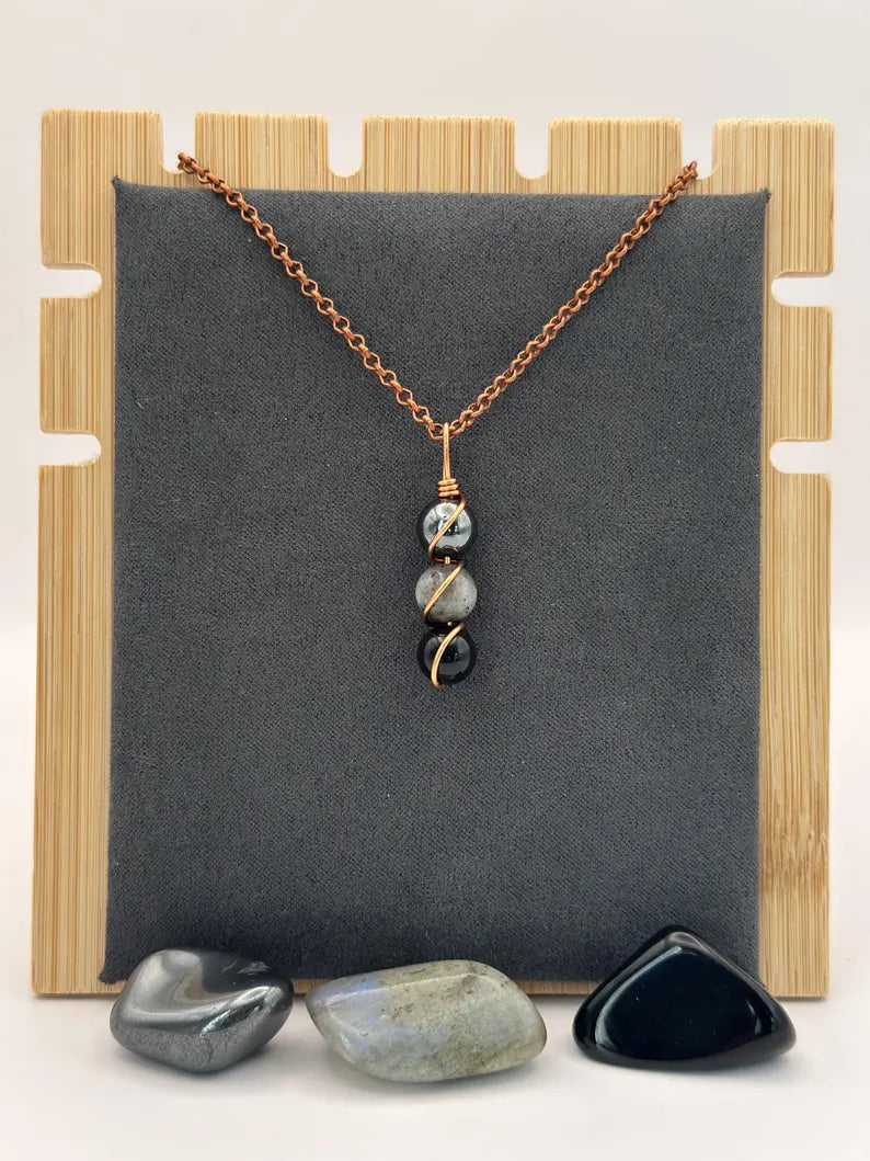 Triple Protection Necklace - Copper Wire Wrapped Pendant - Obsidian - Labradorite - Hematite - Crystal Healing Jewelry