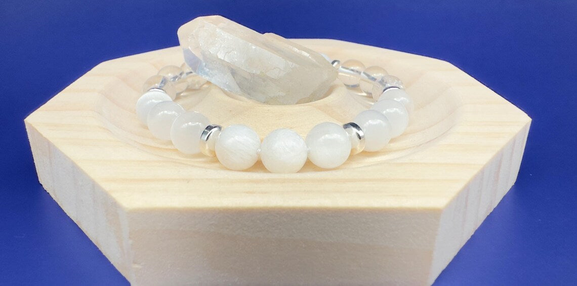 Full Moon Phase Crystal Bracelet Moonstone Selenite Clear Quartz Hematite Wrist Mala Gemstone Beaded Jewelry Lunar Energy Moonlight Luna