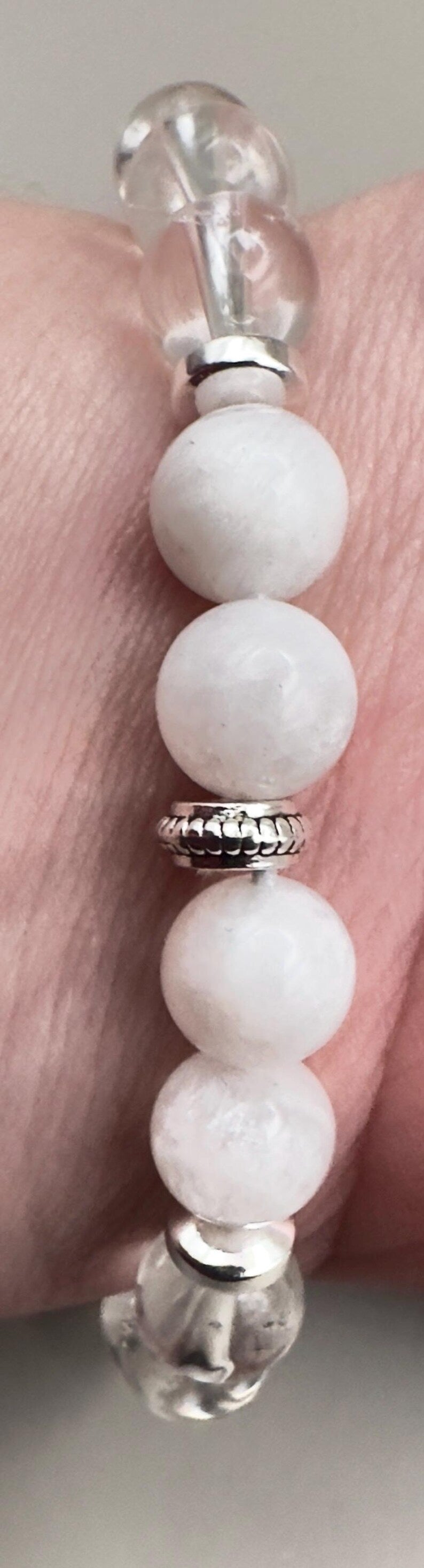 Full Moon Phase Crystal Bracelet Moonstone Selenite Clear Quartz Hematite Wrist Mala Gemstone Beaded Jewelry Lunar Energy Moonlight Luna