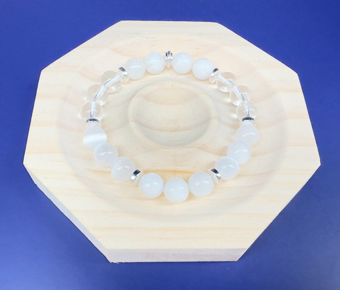 Full Moon Phase Crystal Bracelet Moonstone Selenite Clear Quartz Hematite Wrist Mala Gemstone Beaded Jewelry Lunar Energy Moonlight Luna
