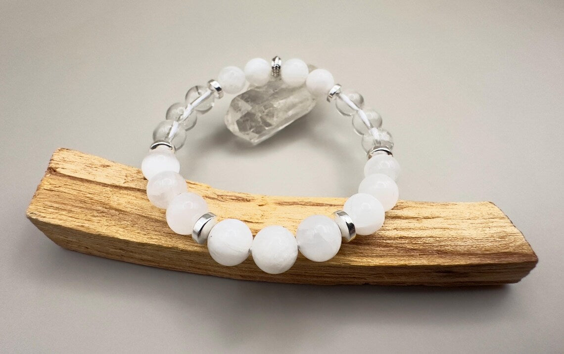 Full Moon Phase Crystal Bracelet Moonstone Selenite Clear Quartz Hematite Wrist Mala Gemstone Beaded Jewelry Lunar Energy Moonlight Luna