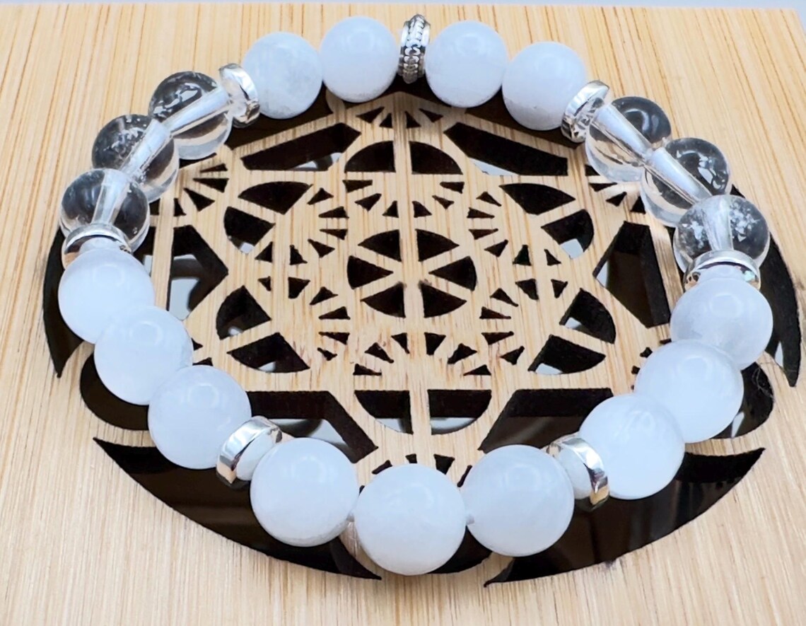 Full Moon Phase Crystal Bracelet Moonstone Selenite Clear Quartz Hematite Wrist Mala Gemstone Beaded Jewelry Lunar Energy Moonlight Luna