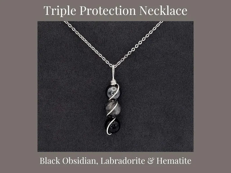 Triple Protection Necklace - Copper Wire Wrapped Pendant - Obsidian - Labradorite - Hematite - Crystal Healing Jewelry