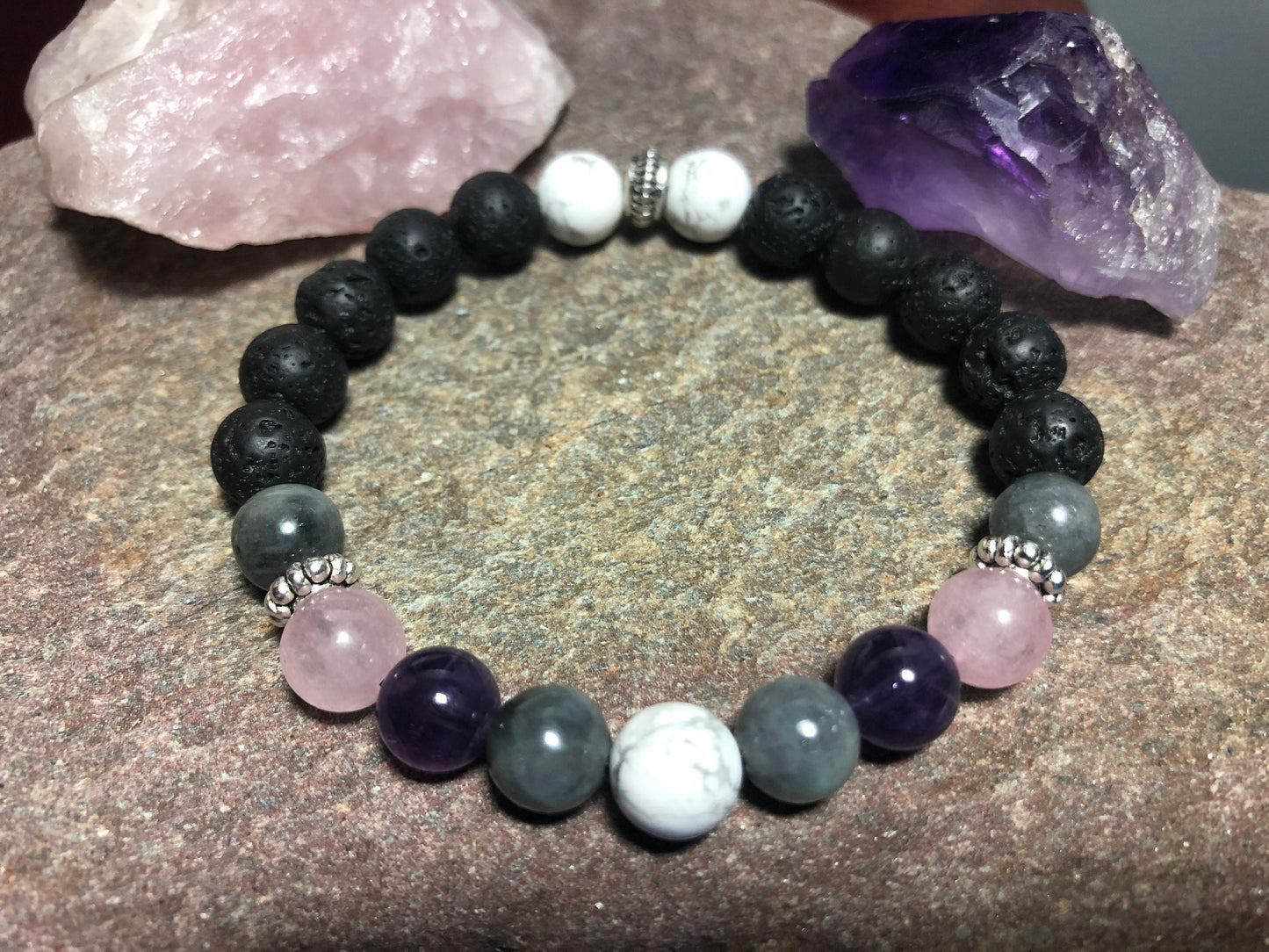 Stress Relief Crystal Bracelet - Labradorite - Rose Quartz - Howlite - Amethyst