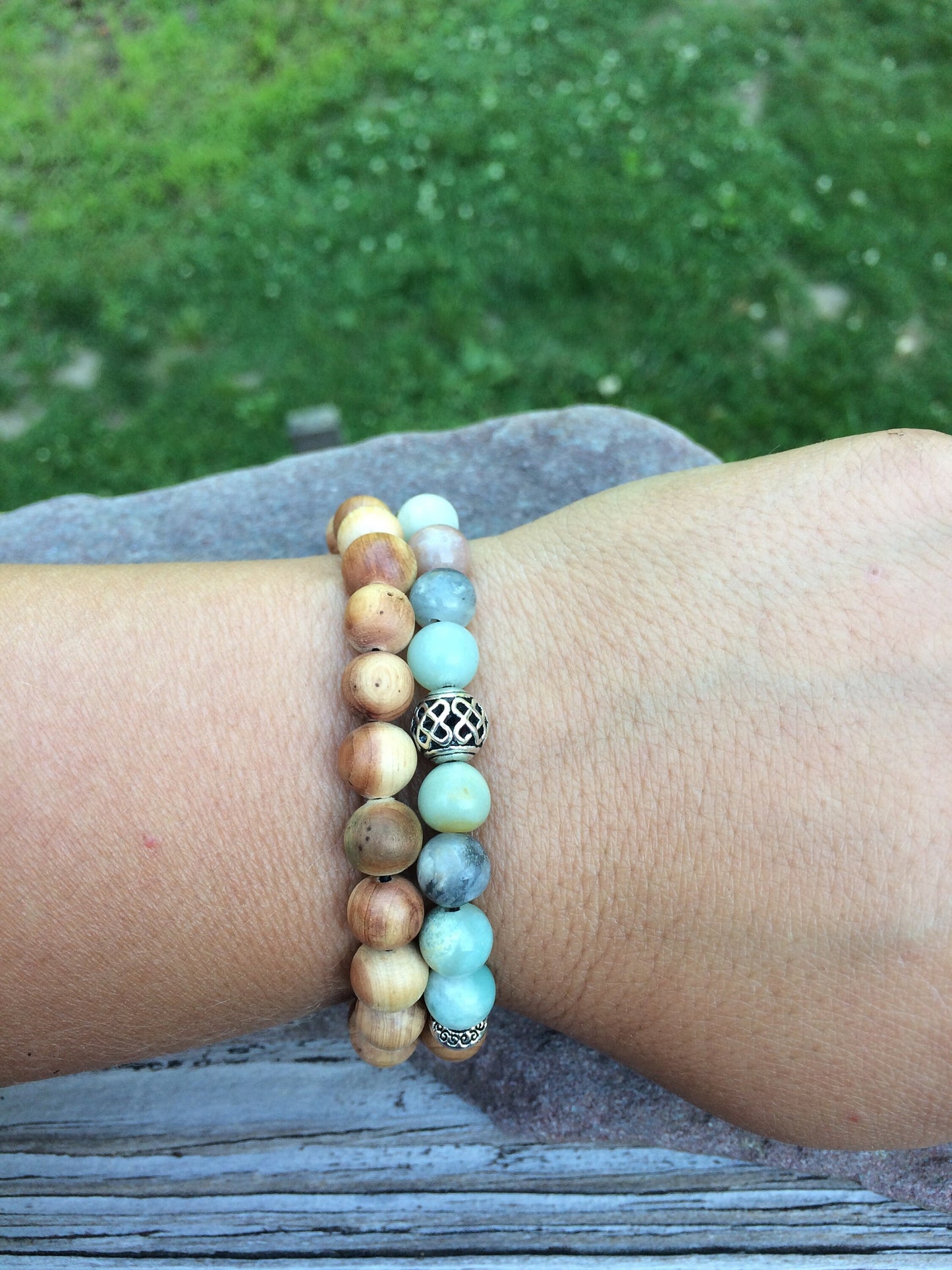Amazonite & Cedar stacking bracelets set of 2 crystal healing jewelry