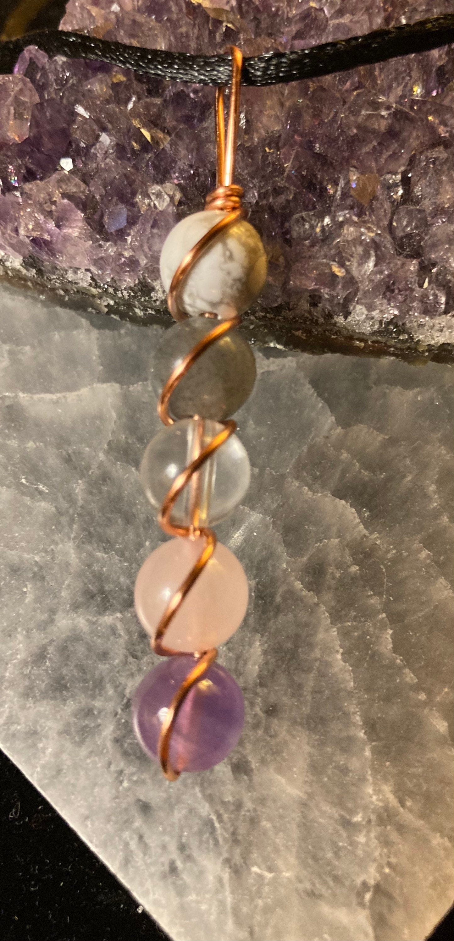 Stress Relief necklace - Copper Pendant Wire Wrapped - Crystal Healing Jewelry - Labradorite - Rose Quartz - Howlite - Amethyst