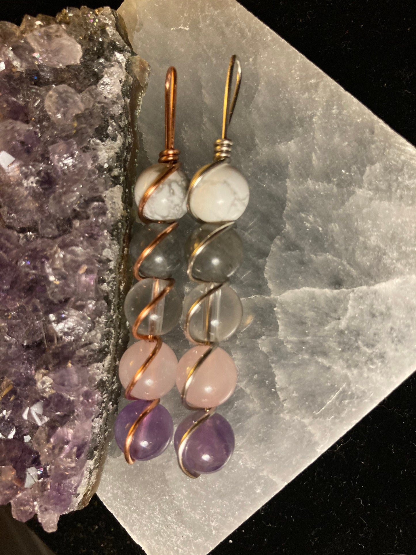 Stress Relief necklace - Copper Pendant Wire Wrapped - Crystal Healing Jewelry - Labradorite - Rose Quartz - Howlite - Amethyst