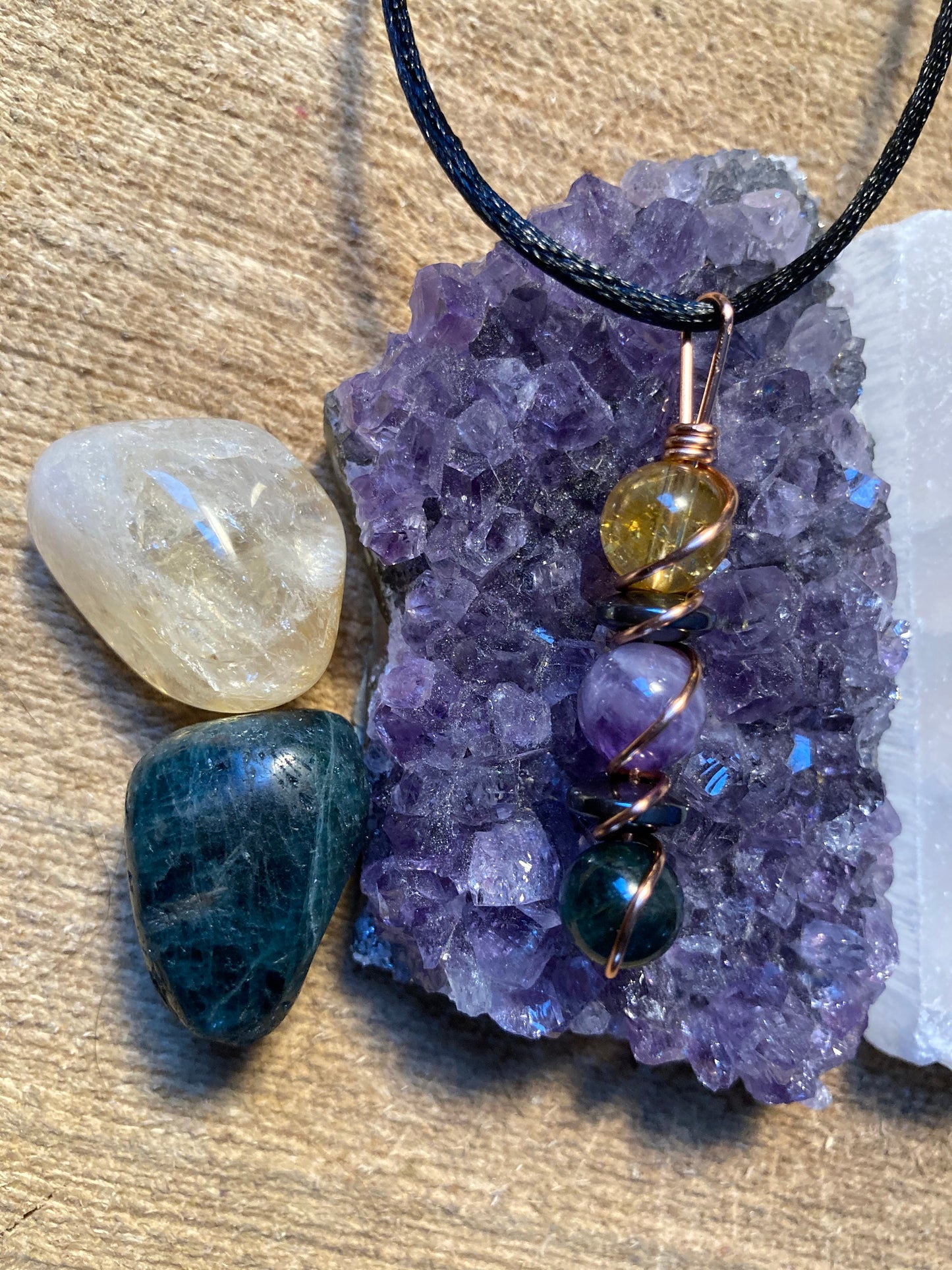Weight Loss Support Necklace - Suppress Appetite Wire wrapped pendant - Apatite - Citrine - Amethyst - Hematite - copper