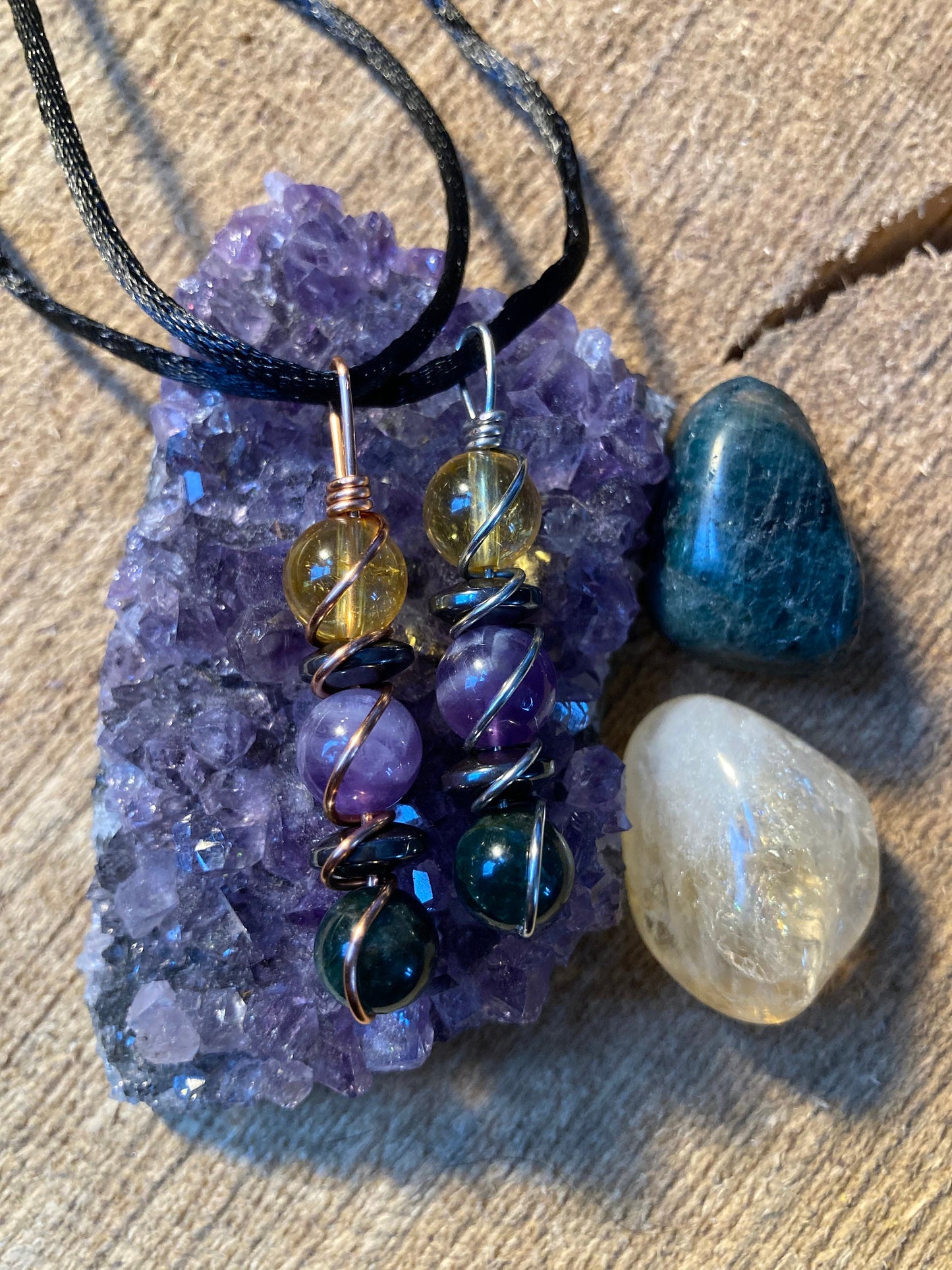 Weight Loss Support Necklace - Suppress Appetite Wire wrapped pendant - Apatite - Citrine - Amethyst - Hematite - copper
