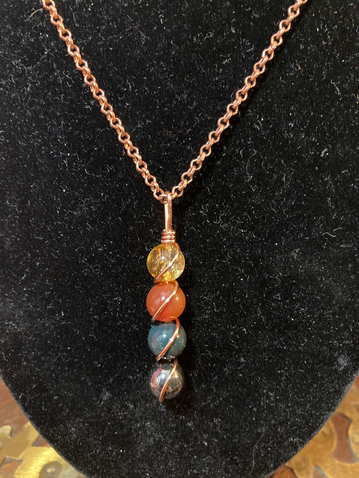 Kidney & Blood Support Necklace - Copper Wire Wrapped Pendant - Carnelian - Citrine - Hematite - Bloodstone - Crystal Healing Jewelry