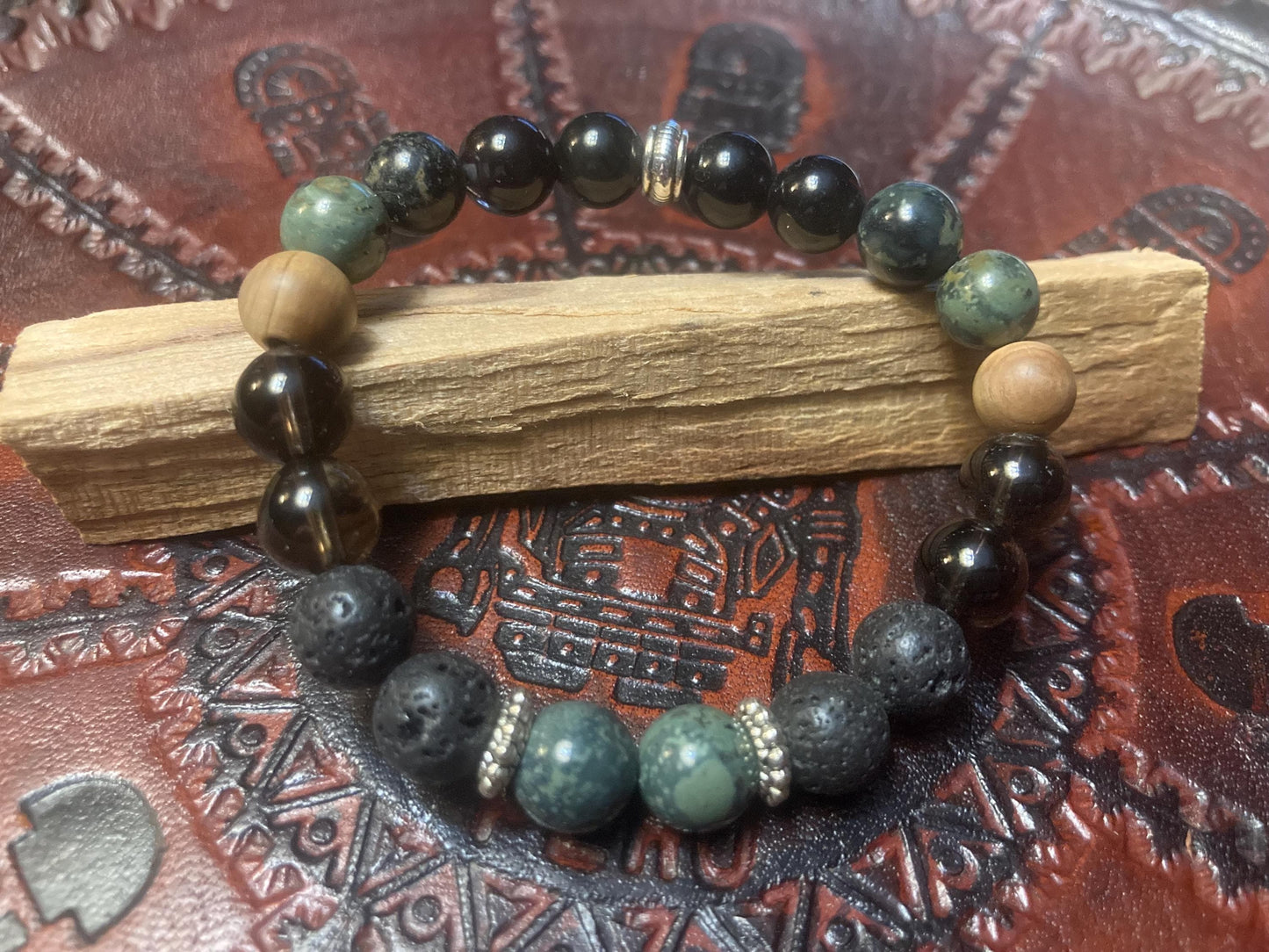 Earth Element Crystal Bracelet - Kambaba Jasper - Obsidian - Smoky Quartz - Cedar