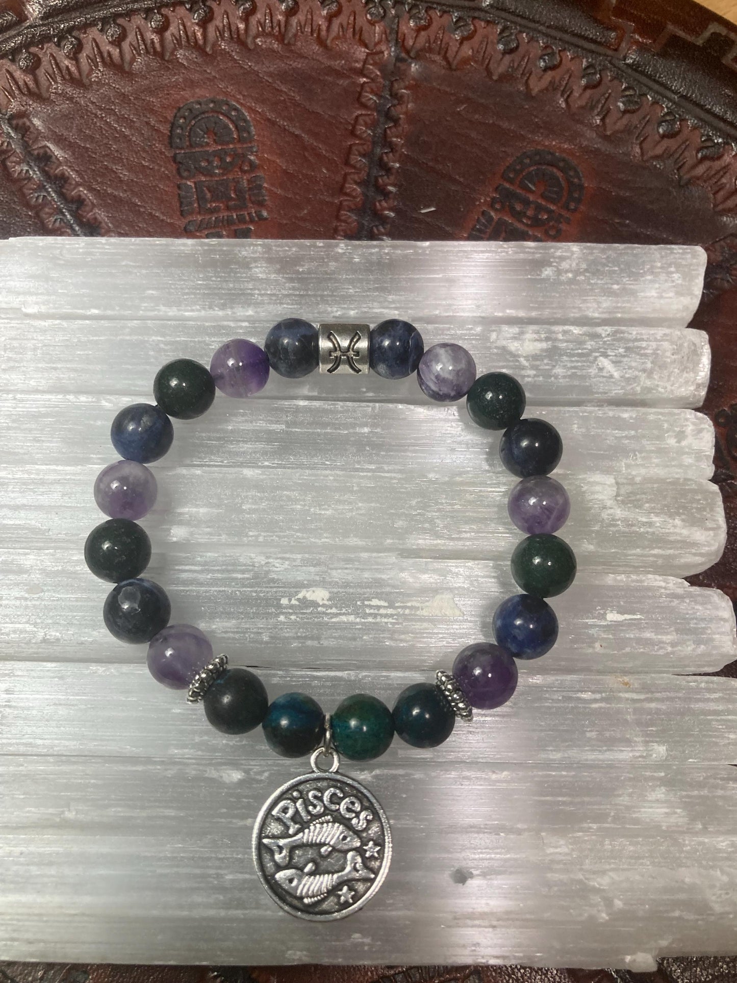 Pisces Astrology Zodiac Bracelet - February March - Sodalite - Amethyst - Bloodstone - Chrysocolla