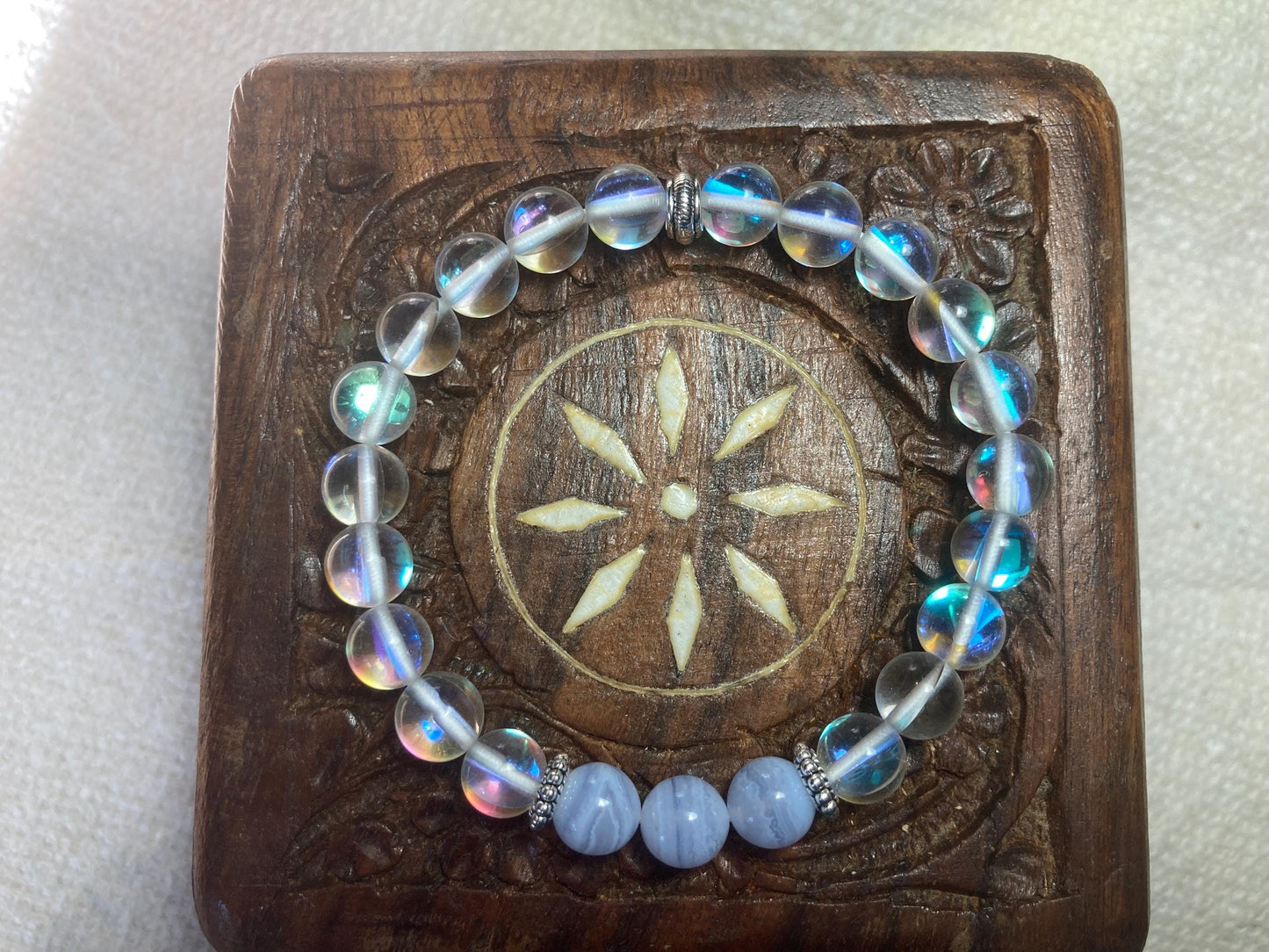 Celestial Harmony Bracelet - Blue Lace Agate - Aura Quartz - Crystal Healing Jewelry - Throat chakra