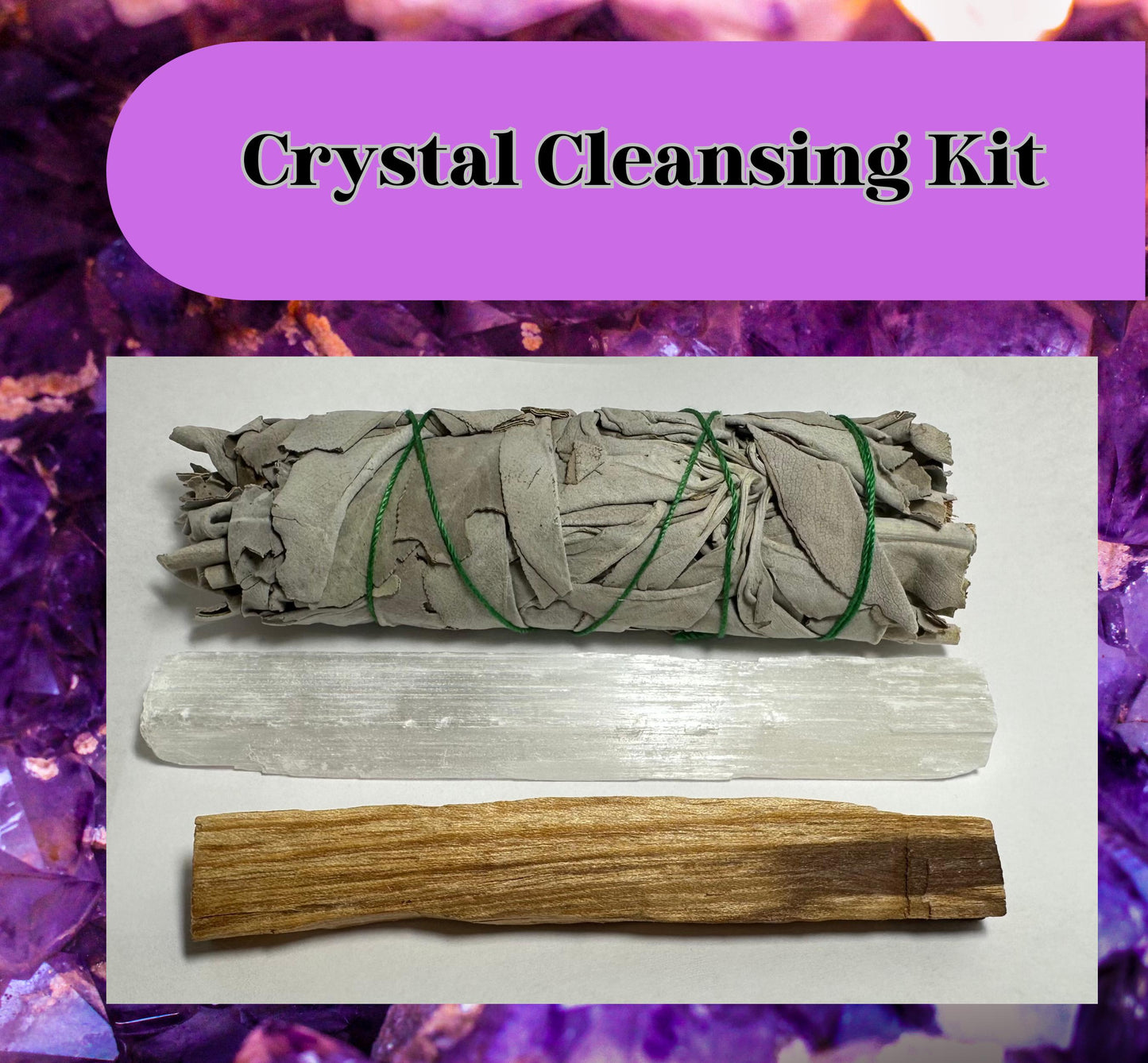 Crystal Cleansing Kit - White Sage, Selenite Wand & Palo Santo for Energy Clearing, Purification, Charging - Smudge kit - smudge stick