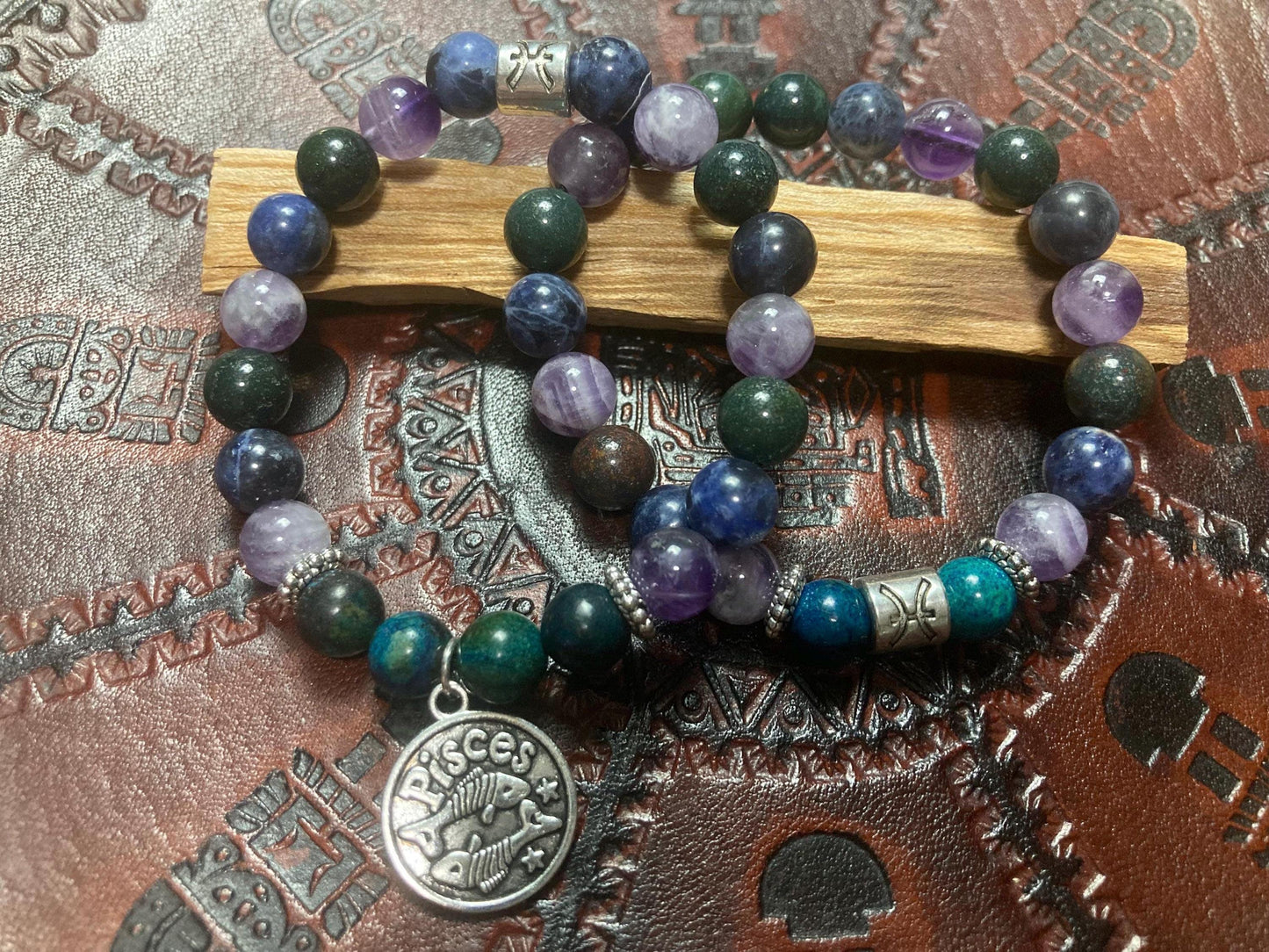 Pisces Astrology Zodiac Bracelet - February March - Sodalite - Amethyst - Bloodstone - Chrysocolla