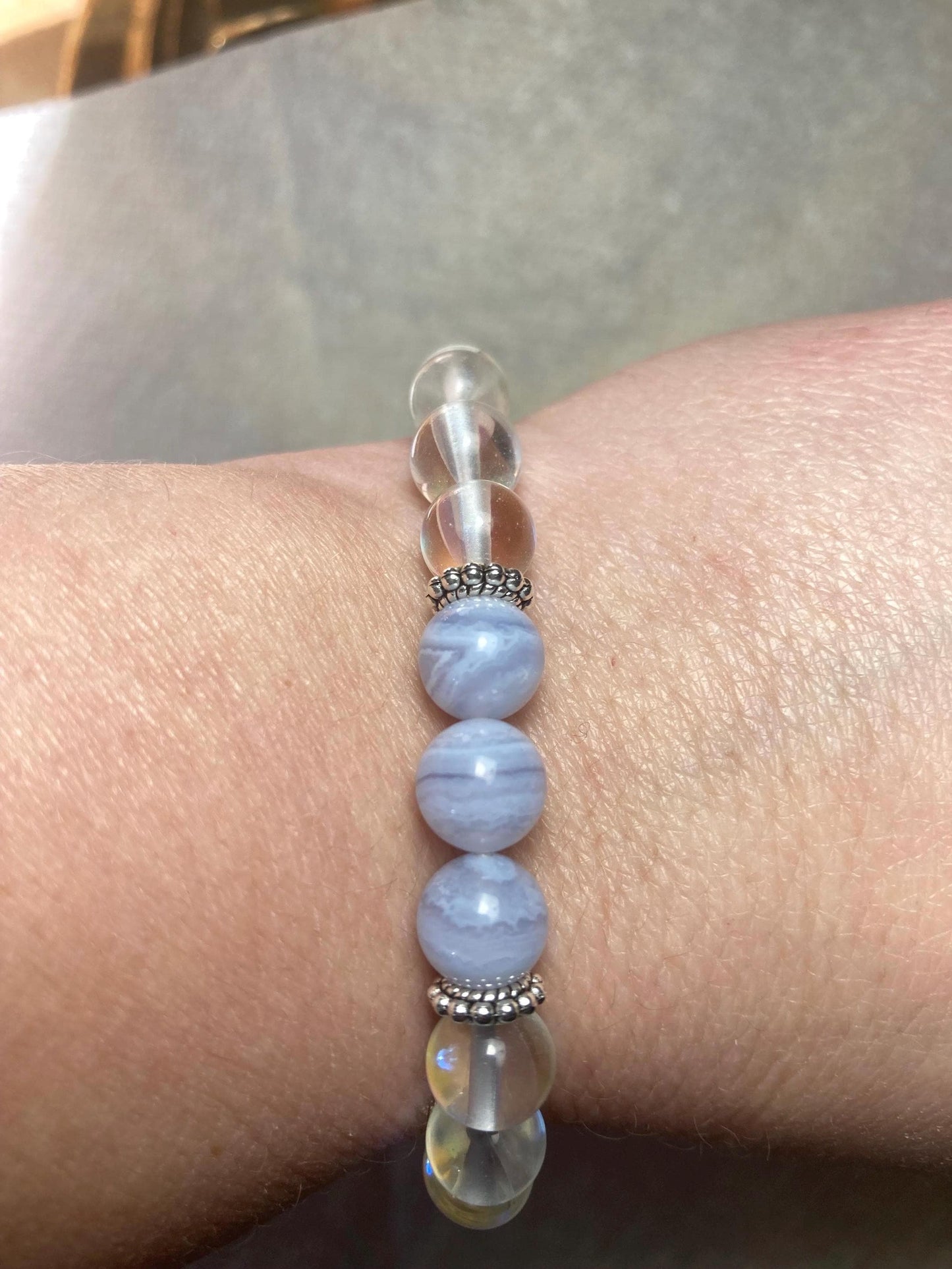 Celestial Harmony Bracelet - Blue Lace Agate - Aura Quartz - Crystal Healing Jewelry - Throat chakra