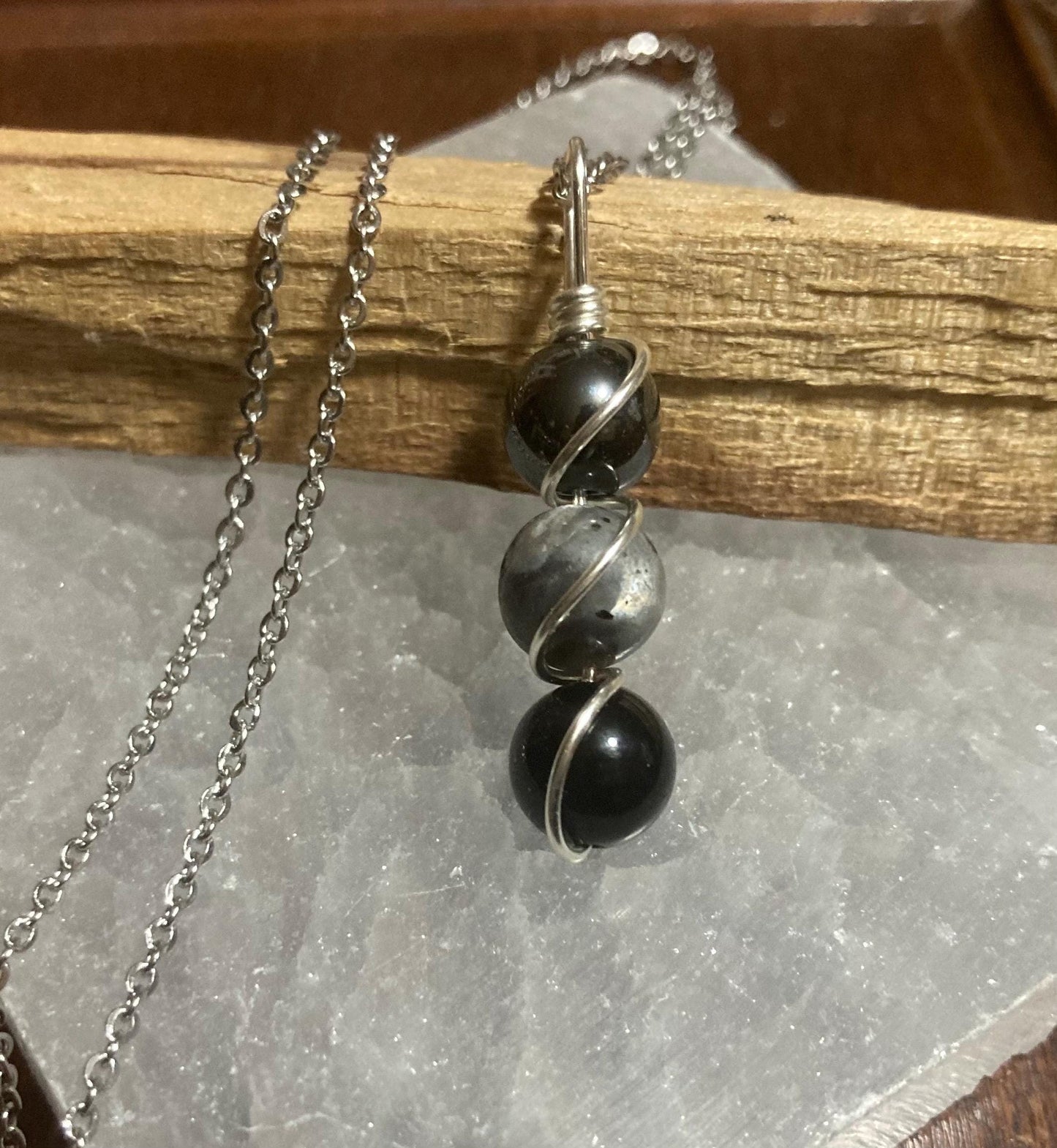 Triple Protection Necklace - Copper Wire Wrapped Pendant - Obsidian - Labradorite - Hematite - Crystal Healing Jewelry