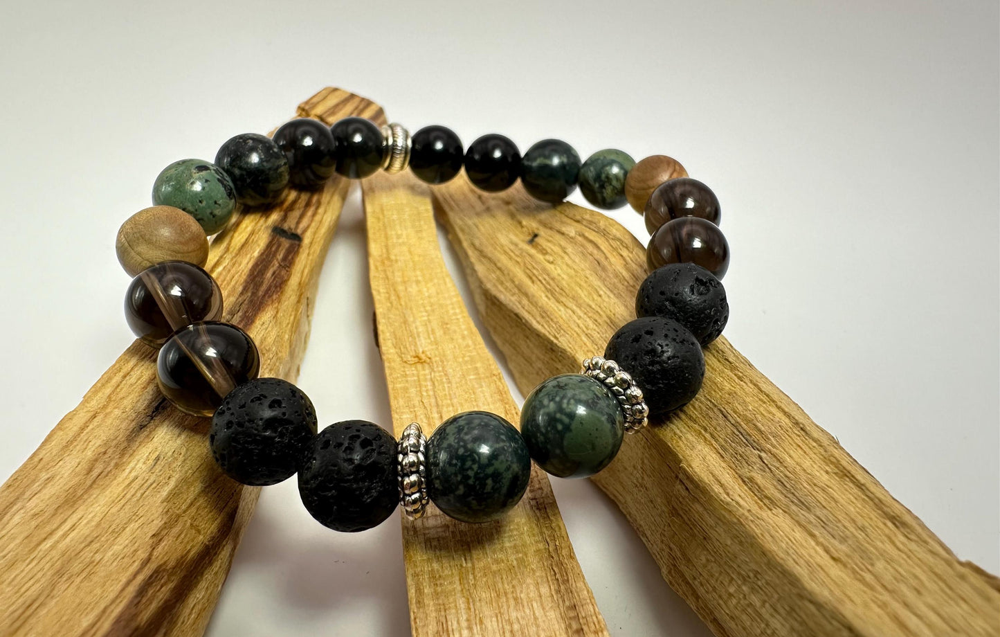 Earth Element Crystal Bracelet - Kambaba Jasper - Obsidian - Smoky Quartz - Cedar