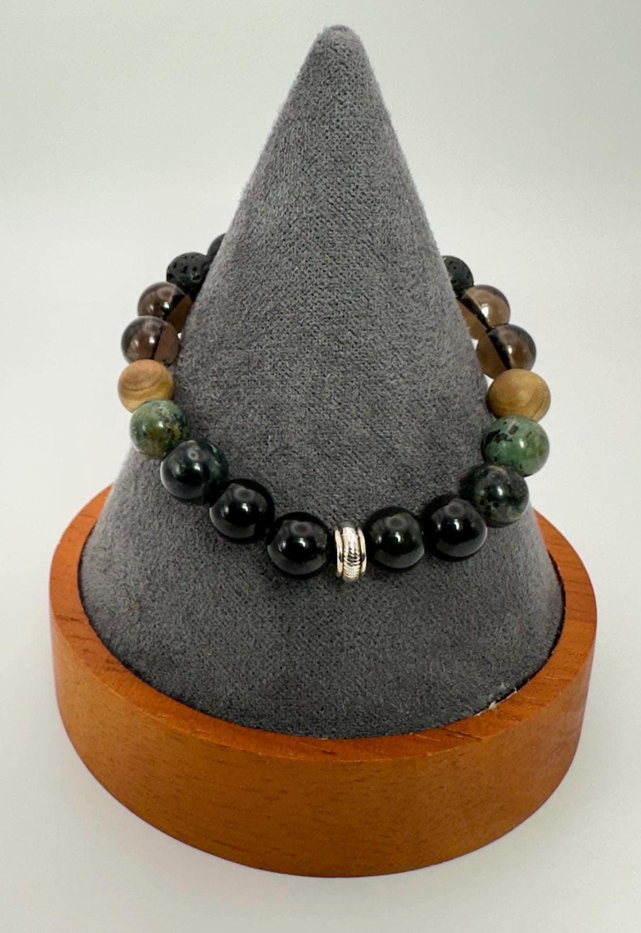 Earth Element Crystal Bracelet - Kambaba Jasper - Obsidian - Smoky Quartz - Cedar