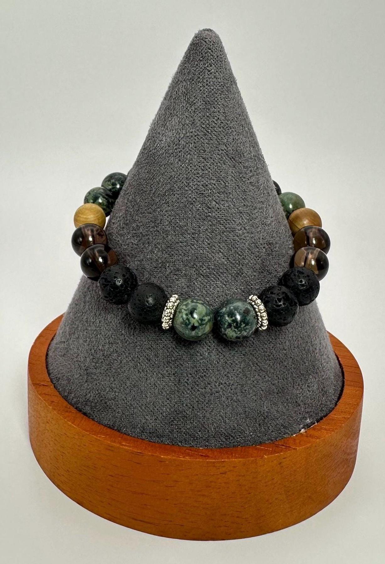 Earth Element Crystal Bracelet - Kambaba Jasper - Obsidian - Smoky Quartz - Cedar