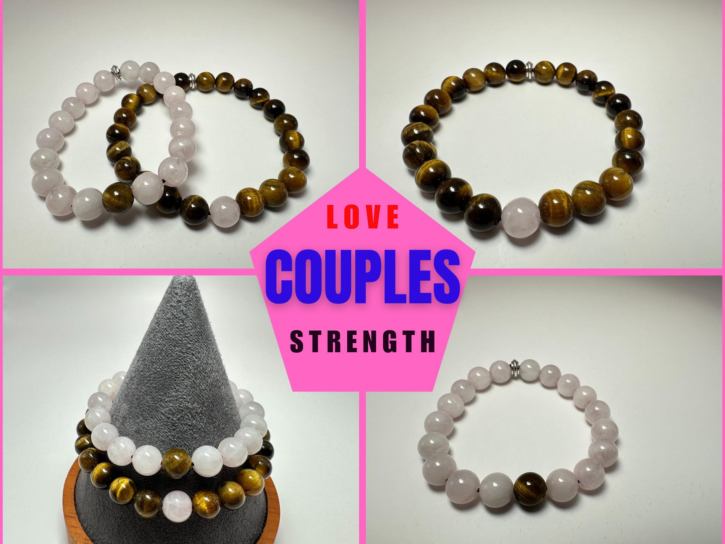 Couples Bracelets matching set - Rose Quartz - Tigers eye - Protection & Love