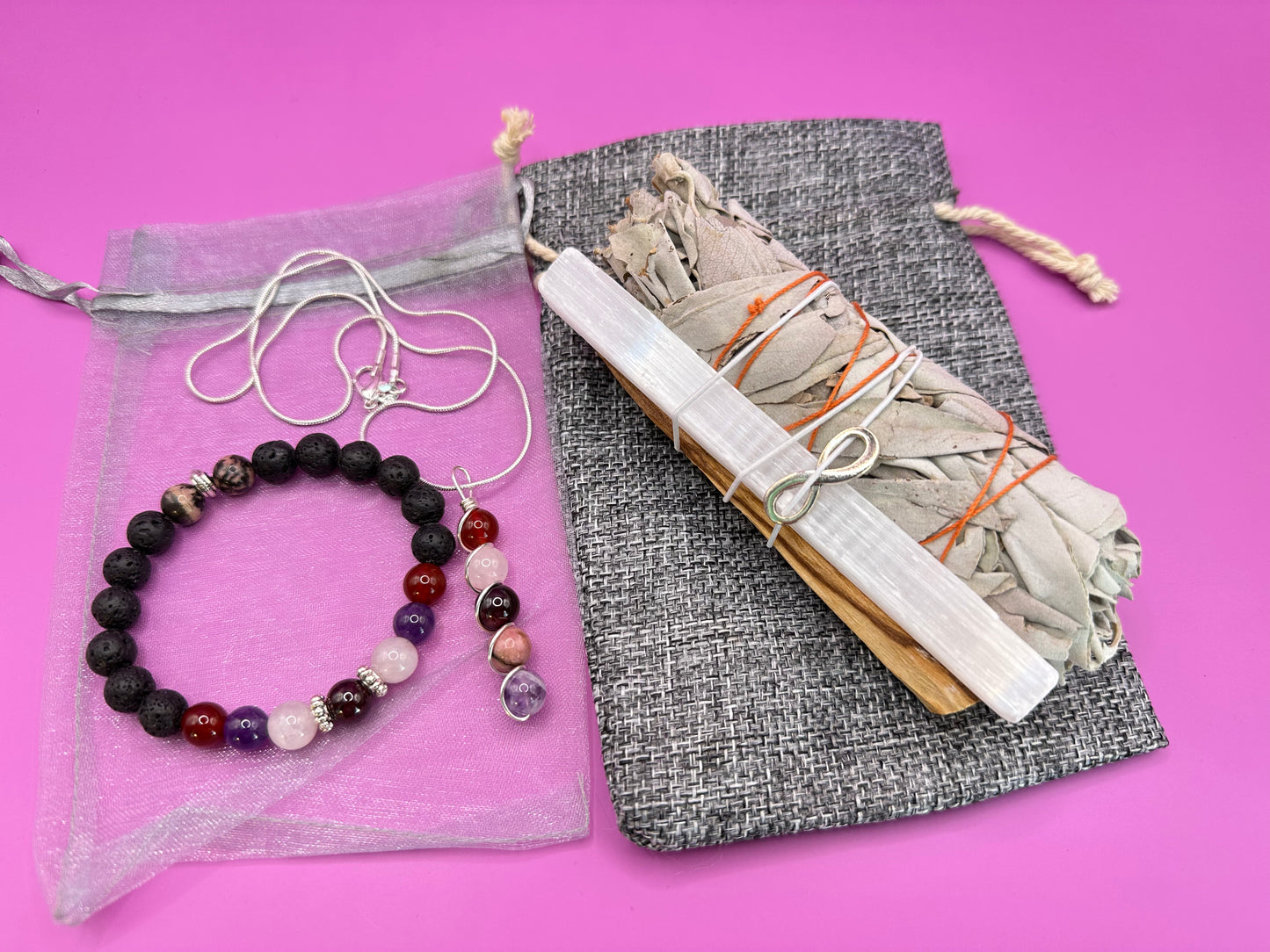 Attract Love Necklace & Bracelet set - Crystal Healing Jewelry - Red Agate - Rose Quartz - Garnet - Rhodonite - Amethyst