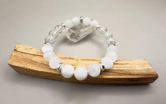 Full Moon Phase Crystal Bracelet Moonstone Selenite Clear Quartz Hematite Wrist Mala Gemstone Beaded Jewelry Lunar Energy Moonlight Luna