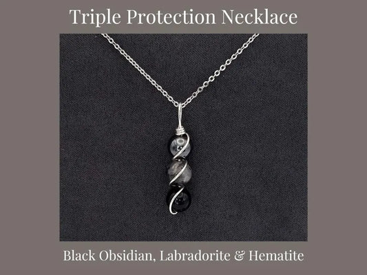 Triple Protection Necklace - Copper Wire Wrapped Pendant - Obsidian - Labradorite - Hematite - Crystal Healing Jewelry