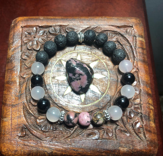 Love, Compassion & Forgiveness Crystal Bracelet - Rhodonite - Rose Quartz - Obsidian