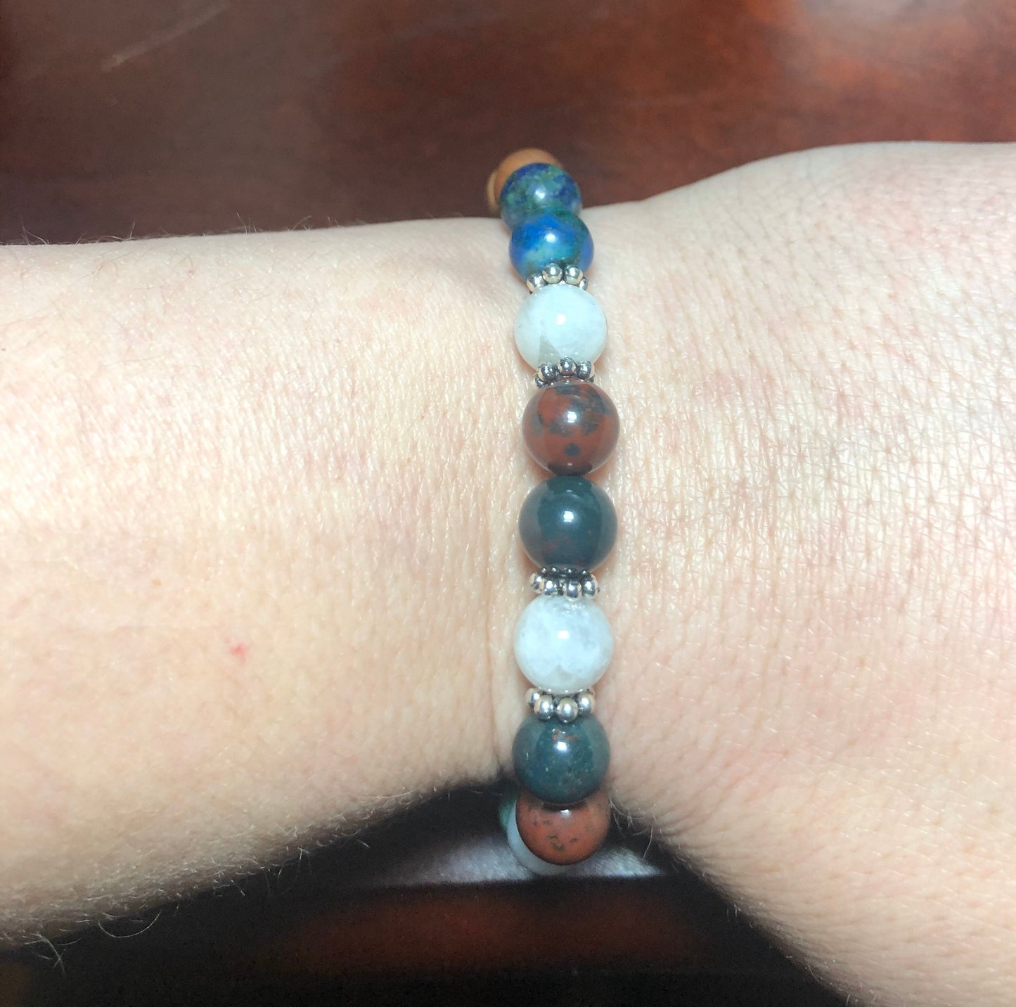 Mystic Harmony crystal intention bracelet - moonstone - bloodstone - chrysocolla - lapis lazuli & Cedar beads