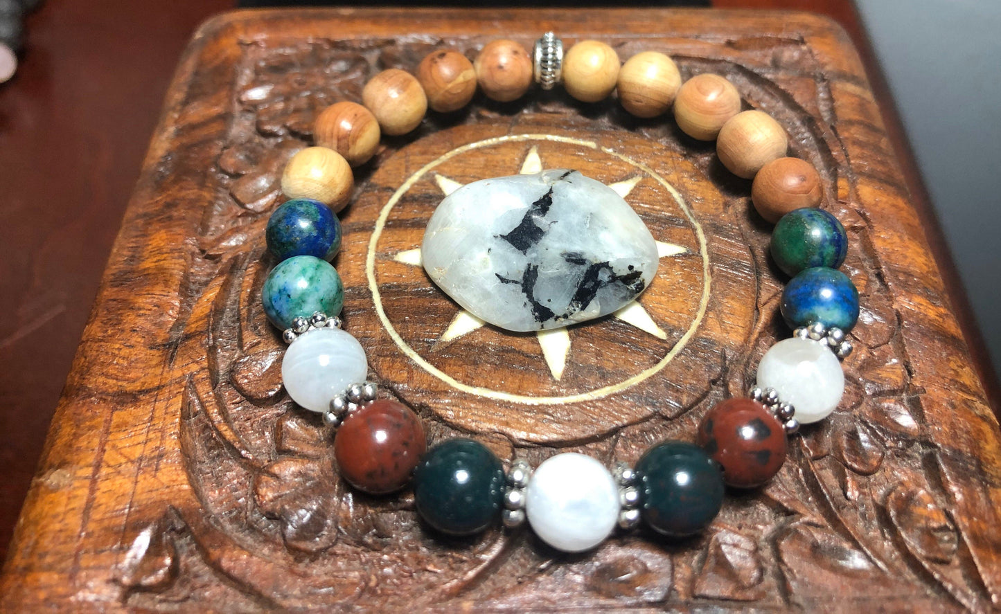 Mystic Harmony crystal intention bracelet - moonstone - bloodstone - chrysocolla - lapis lazuli & Cedar beads