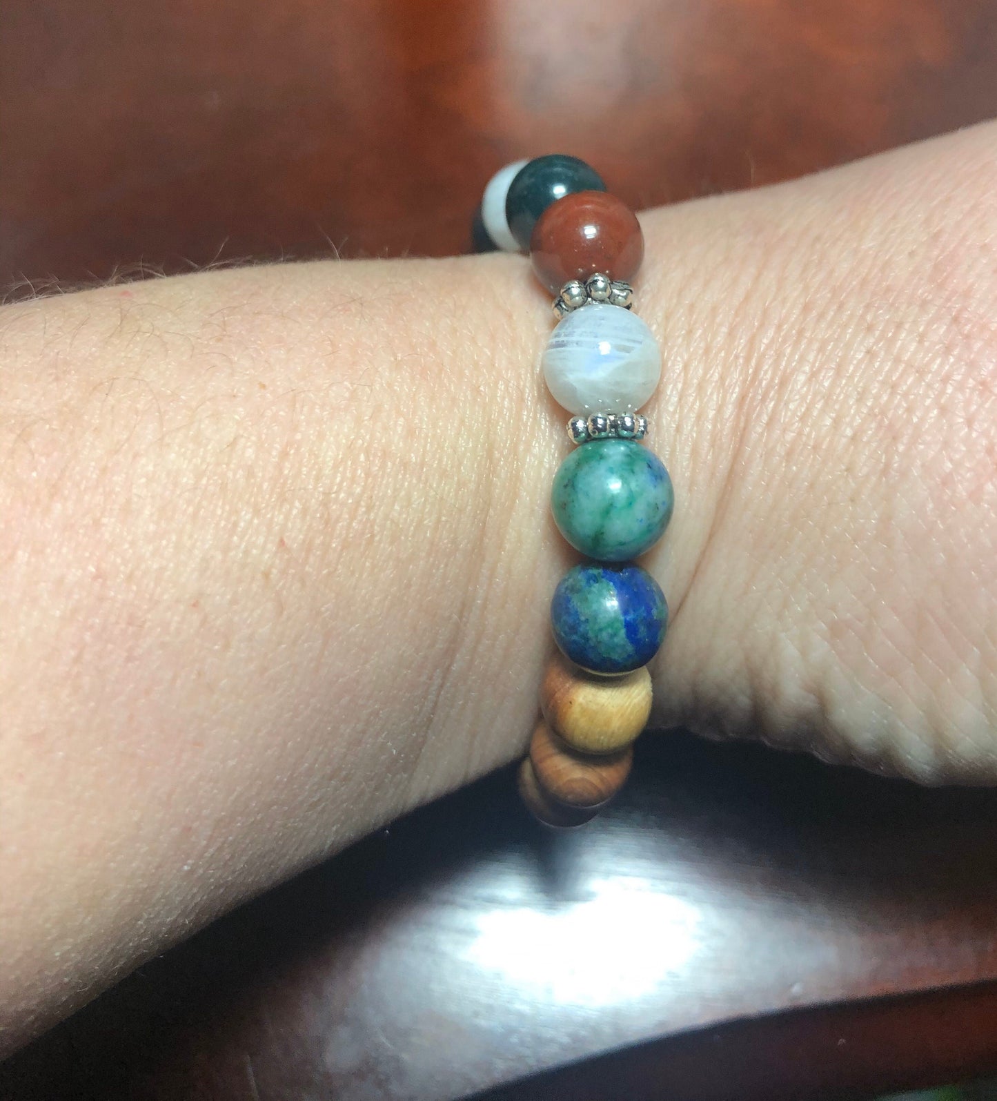 Mystic Harmony crystal intention bracelet - moonstone - bloodstone - chrysocolla - lapis lazuli & Cedar beads