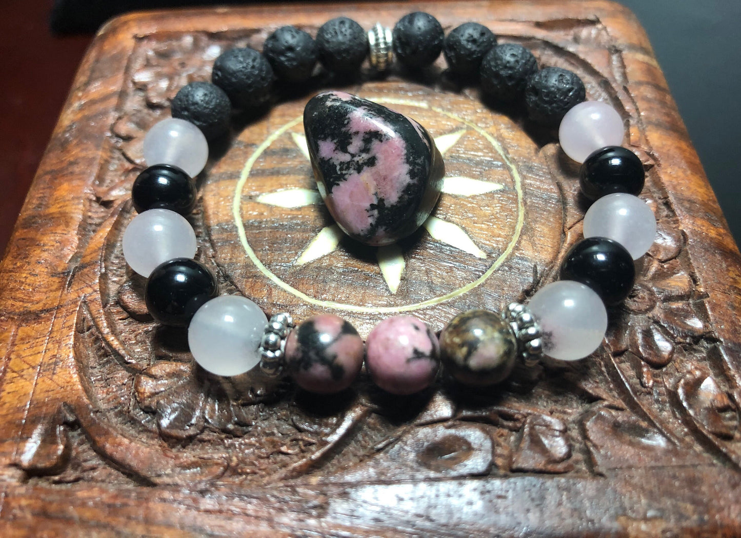 Love, Compassion & Forgiveness Crystal Bracelet - Rhodonite - Rose Quartz - Obsidian