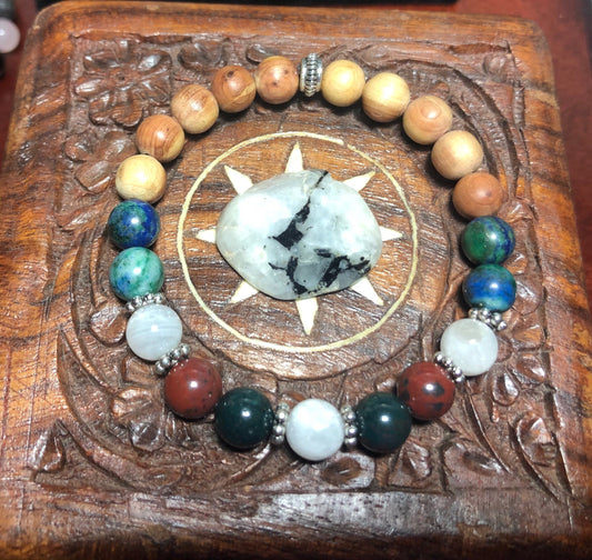 Mystic Harmony crystal intention bracelet - moonstone - bloodstone - chrysocolla - lapis lazuli & Cedar beads