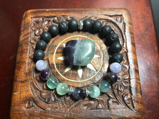 Spirit Shield Bracelet - Rainbow Fluorite - Lava Stone - Crystal Healing Jewelry