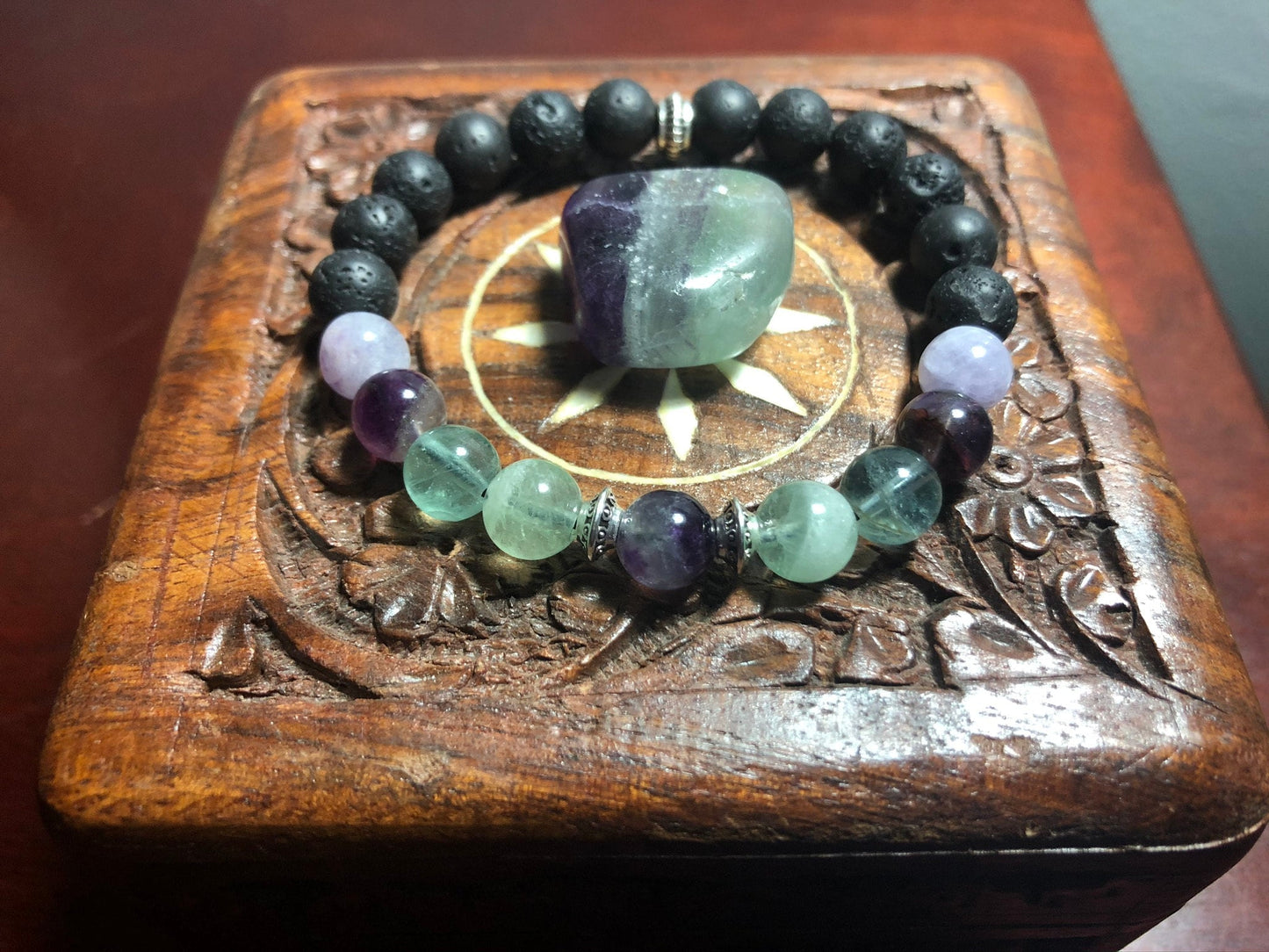 Spirit Shield Bracelet - Rainbow Fluorite - Lava Stone - Crystal Healing Jewelry