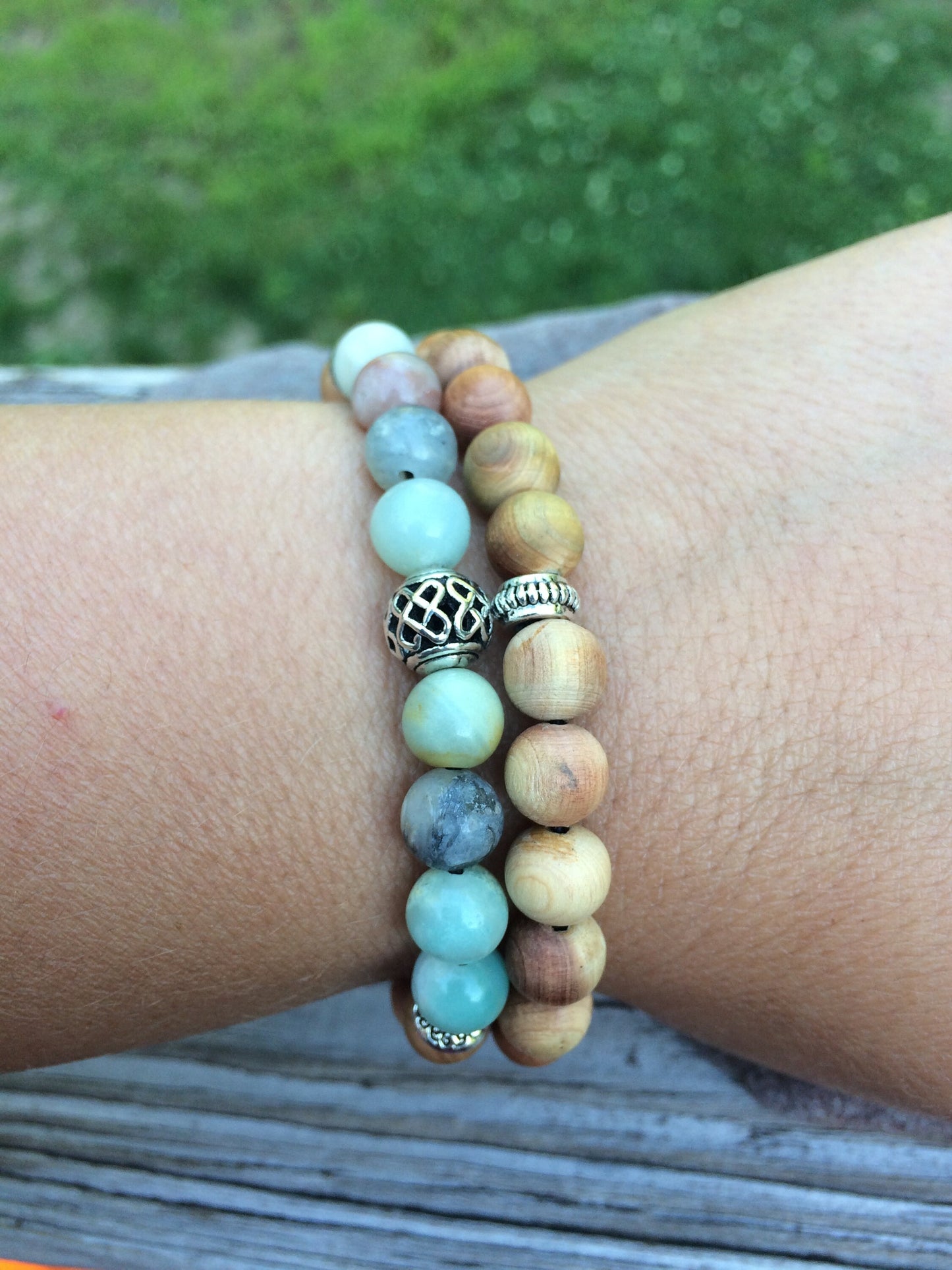 Amazonite & Cedar stacking bracelets set of 2 crystal healing jewelry