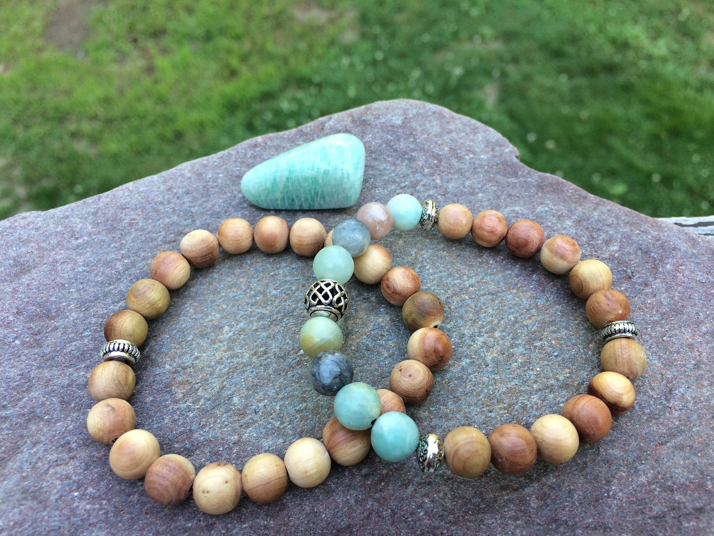 Amazonite & Cedar stacking bracelets set of 2 crystal healing jewelry