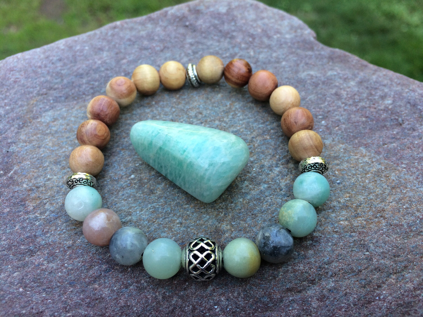 Amazonite & Cedar stacking bracelets set of 2 crystal healing jewelry