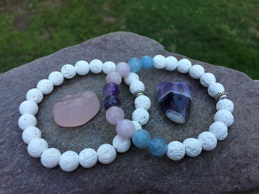 Heart & Soul Bracelet set - Rose Quartz - Amethyst - Aquamarine - white lava stone - Crystal Healing Jewelry