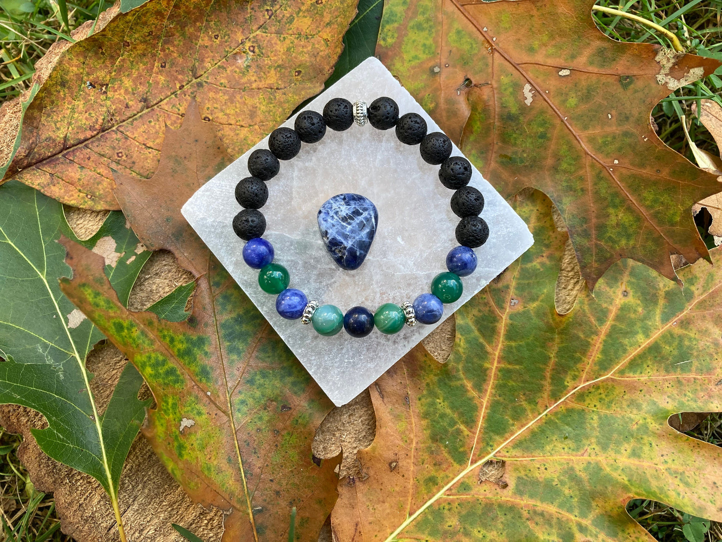 Balance & Emotional support crystal intention bracelet sodalite, green agate, black lava stone