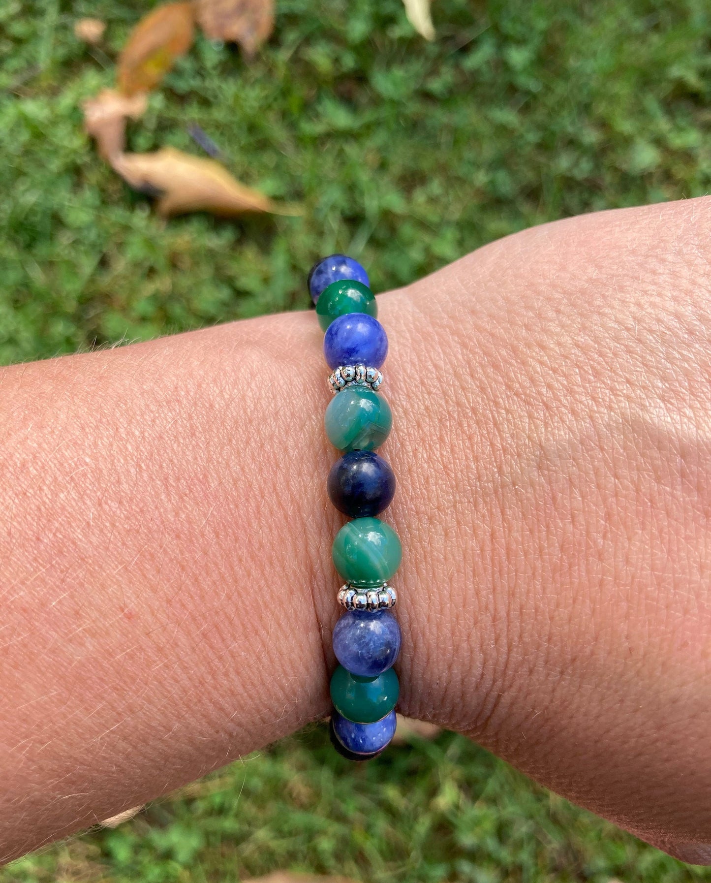 Balance & Emotional support crystal intention bracelet sodalite, green agate, black lava stone