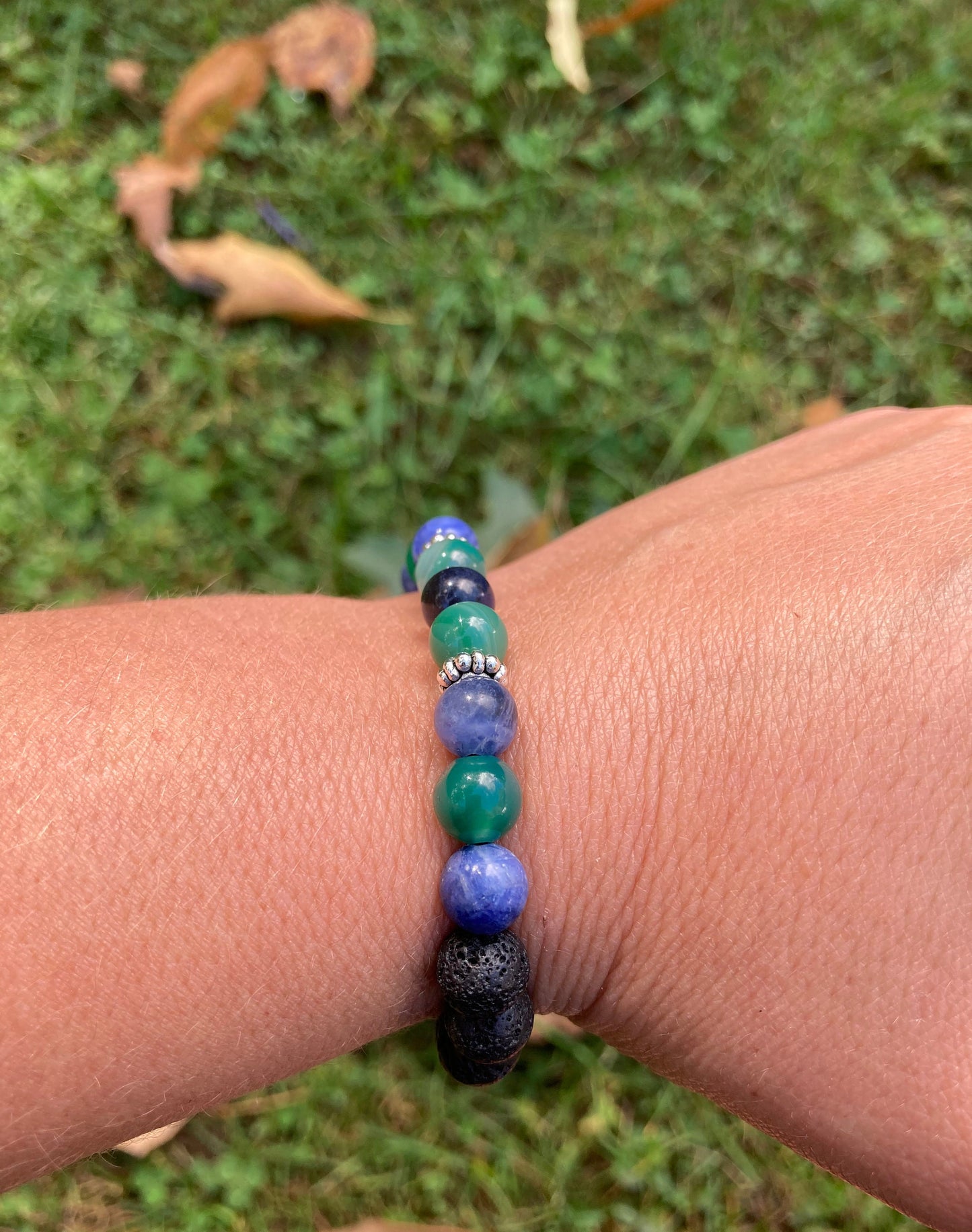 Balance & Emotional support crystal intention bracelet sodalite, green agate, black lava stone