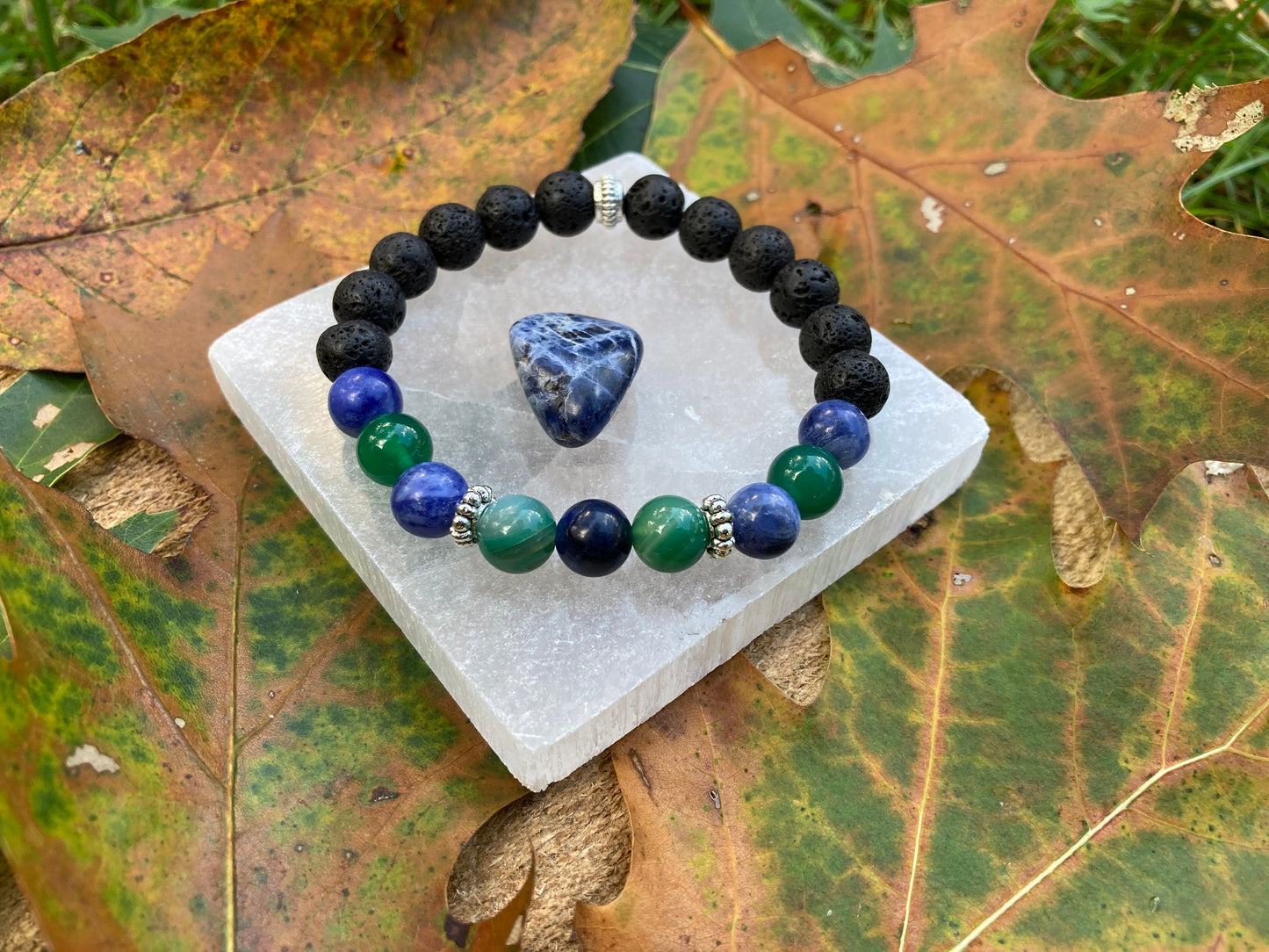 Balance & Emotional support crystal intention bracelet sodalite, green agate, black lava stone