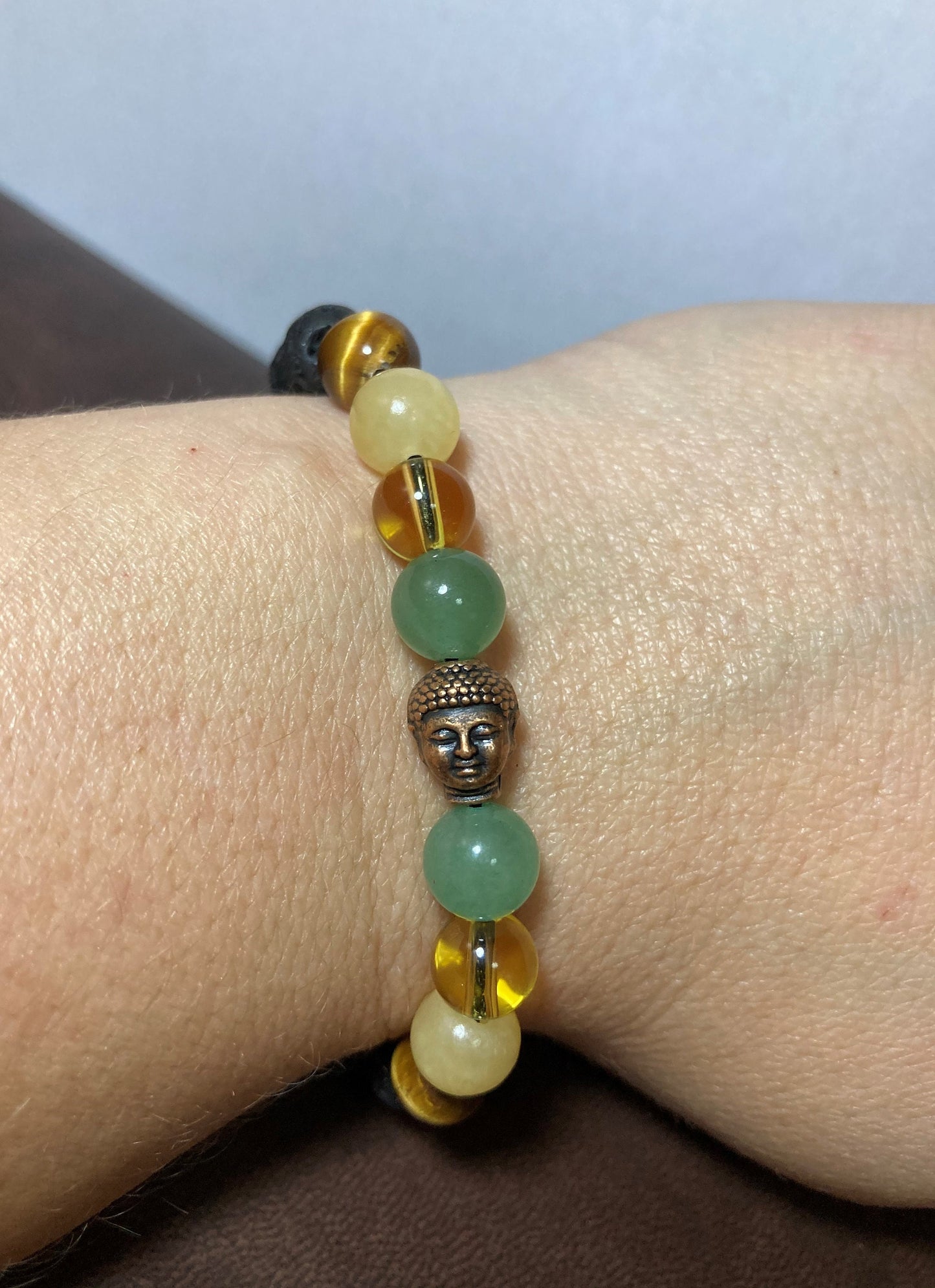 Buddha Prosperity Bracelet - Crystal healing jewelry - Aventurine - Citrine - Honey Calcite - Tigers eye - Copper