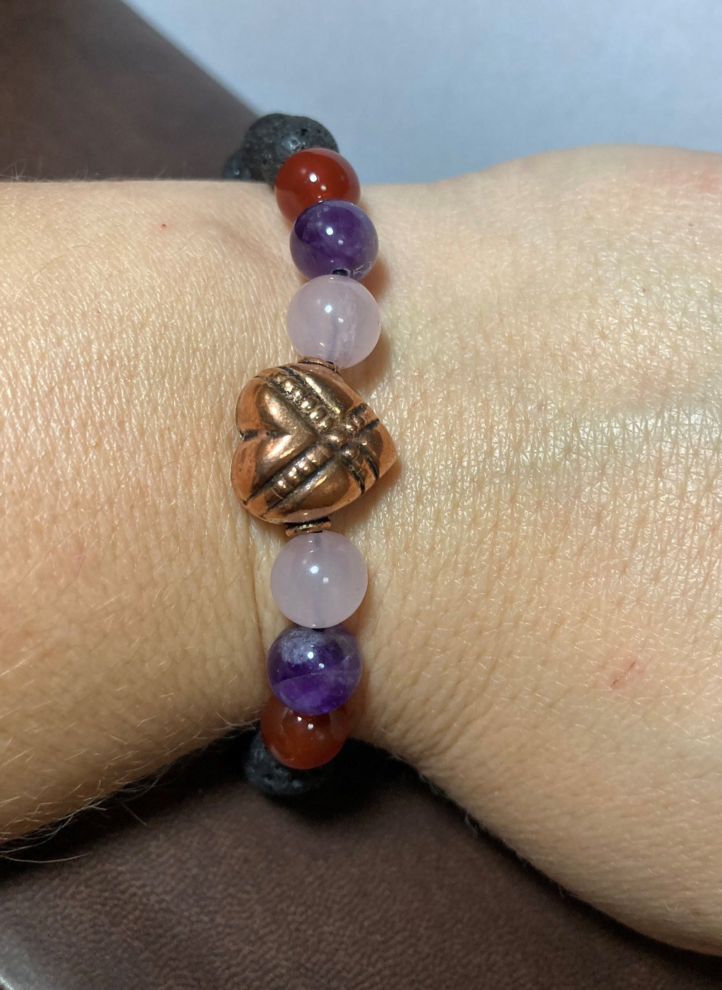 Attract Love Bracelet - Heart Chakra - Rose Quartz- Rhodonite - Red Agate - Amethyst -Copper - Crystal Healing Jewelry