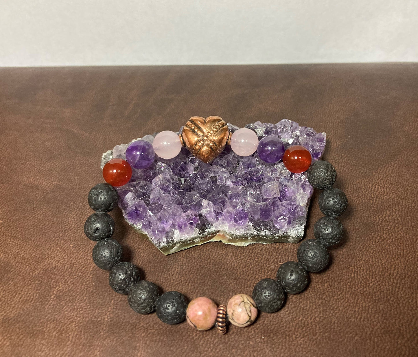 Attract Love Bracelet - Heart Chakra - Rose Quartz- Rhodonite - Red Agate - Amethyst -Copper - Crystal Healing Jewelry