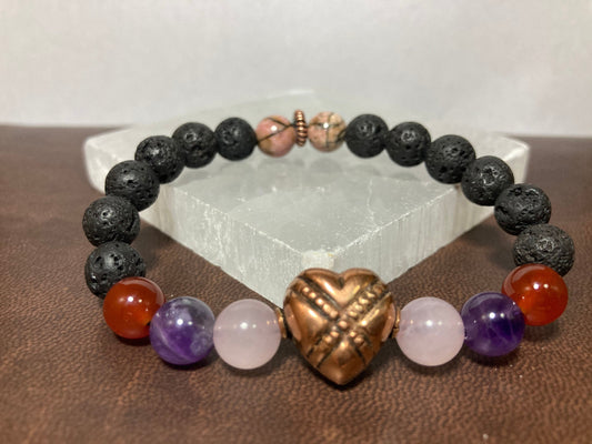 Attract Love Bracelet - Heart Chakra - Rose Quartz- Rhodonite - Red Agate - Amethyst -Copper - Crystal Healing Jewelry