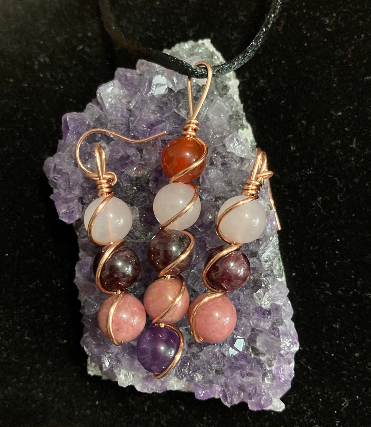 Attract Love Necklace & Earring set - Copper Wire Wrapped Crystal Healing Jewelry - Rose Quartz - Garnet - Rhodonite - Amethyst - Red Agate